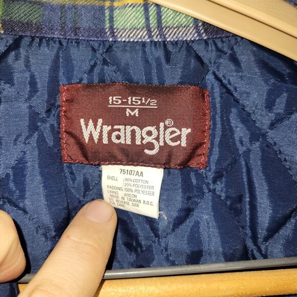 Vintage Wrangler Shacket Mens Medium Green Blue Plaid Flannel Pockets Insulated - Picture 9 of 16